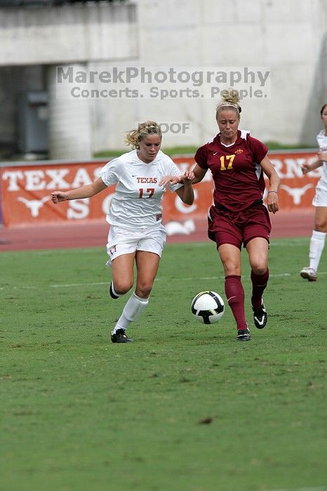 UT sophomore Kate Nicholson (#17, Forward and Midfielder) in the second half.  The University of Texas women's soccer team won 2-1 against the Iowa State Cyclones Sunday afternoon, October 5, 2008.

Filename: SRM_20081005_13365815.jpg
Aperture: f/5.6
Shutter Speed: 1/2000
Body: Canon EOS-1D Mark II
Lens: Canon EF 300mm f/2.8 L IS