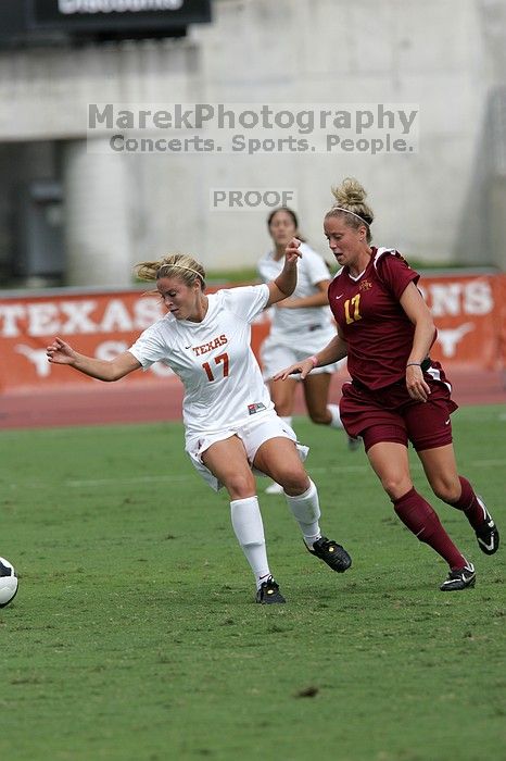 UT sophomore Kate Nicholson (#17, Forward and Midfielder) in the second half.  The University of Texas women's soccer team won 2-1 against the Iowa State Cyclones Sunday afternoon, October 5, 2008.

Filename: SRM_20081005_13365820.jpg
Aperture: f/5.6
Shutter Speed: 1/2500
Body: Canon EOS-1D Mark II
Lens: Canon EF 300mm f/2.8 L IS