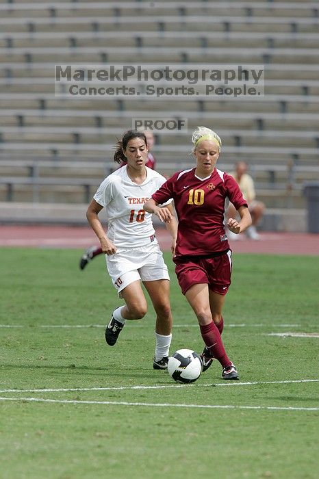 UT senior Stephanie Logterman (#10, Defender) in the second half.  The University of Texas women's soccer team won 2-1 against the Iowa State Cyclones Sunday afternoon, October 5, 2008.

Filename: SRM_20081005_13371628.jpg
Aperture: f/5.6
Shutter Speed: 1/1600
Body: Canon EOS-1D Mark II
Lens: Canon EF 300mm f/2.8 L IS