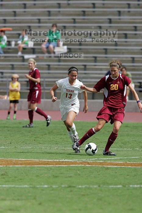 UT freshman Amanda Lisberger (#13, Midfielder) in the second half.  The University of Texas women's soccer team won 2-1 against the Iowa State Cyclones Sunday afternoon, October 5, 2008.

Filename: SRM_20081005_13373434.jpg
Aperture: f/5.6
Shutter Speed: 1/2500
Body: Canon EOS-1D Mark II
Lens: Canon EF 300mm f/2.8 L IS