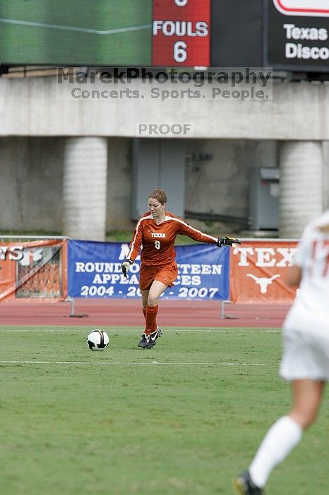 UT senior Dianna Pfenninger (#8, Goalkeeper) kicks the ball upfield in the second half.  The University of Texas women's soccer team won 2-1 against the Iowa State Cyclones Sunday afternoon, October 5, 2008.

Filename: SRM_20081005_13395639.jpg
Aperture: f/5.6
Shutter Speed: 1/1250
Body: Canon EOS-1D Mark II
Lens: Canon EF 300mm f/2.8 L IS