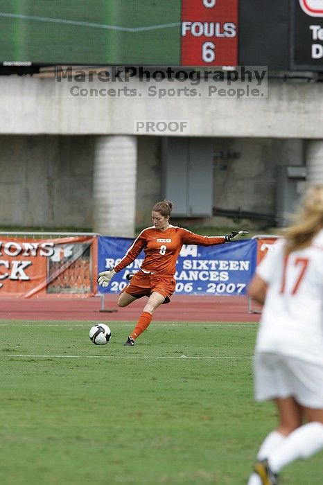 UT senior Dianna Pfenninger (#8, Goalkeeper) kicks the ball upfield in the second half.  The University of Texas women's soccer team won 2-1 against the Iowa State Cyclones Sunday afternoon, October 5, 2008.

Filename: SRM_20081005_13395840.jpg
Aperture: f/5.6
Shutter Speed: 1/1600
Body: Canon EOS-1D Mark II
Lens: Canon EF 300mm f/2.8 L IS