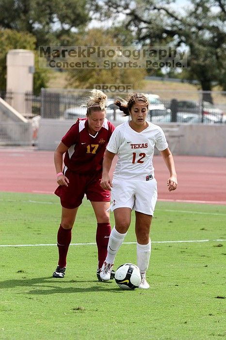 UT sophomore Alisha Ortiz (#12, Forward) in the second half.  The University of Texas women's soccer team won 2-1 against the Iowa State Cyclones Sunday afternoon, October 5, 2008.

Filename: SRM_20081005_13431636.jpg
Aperture: f/5.0
Shutter Speed: 1/2000
Body: Canon EOS 20D
Lens: Canon EF 80-200mm f/2.8 L