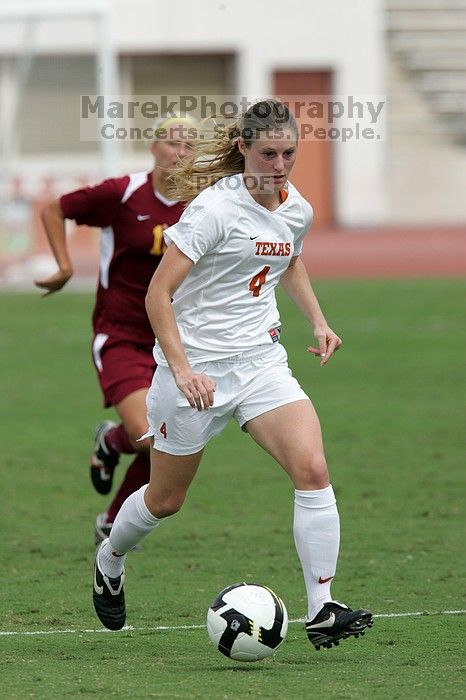 UT senior Jill Gilbeau (#4, Defender and Midfielder) in the second half.  The University of Texas women's soccer team won 2-1 against the Iowa State Cyclones Sunday afternoon, October 5, 2008.

Filename: SRM_20081005_13454003.jpg
Aperture: f/5.6
Shutter Speed: 1/2000
Body: Canon EOS-1D Mark II
Lens: Canon EF 300mm f/2.8 L IS