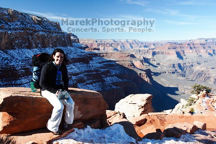 Beth Marek hiking down the South Kaibab trail, backpacking the Grand Canyon with Beth, Thursday, January 1, 2009.

Filename: SRM_20090101_12403796.jpg
Aperture: f/11.0
Shutter Speed: 1/50
Body: Canon EOS-1D Mark II
Lens: Canon EF 16-35mm f/2.8 L