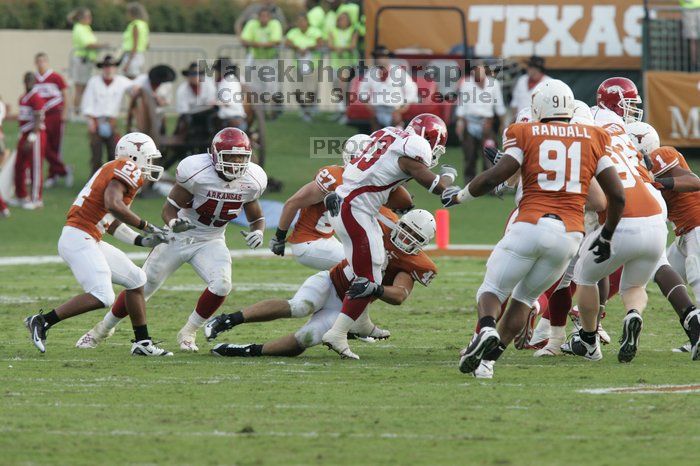 The University of Texas football team defeated the Arkansas Razorbacks with a score of 52-10 in Austin, TX on Saturday, September 27, 2008.

Filename: SRM_20080927_17230462.jpg
Aperture: f/5.6
Shutter Speed: 1/640
Body: Canon EOS-1D Mark II
Lens: Canon EF 300mm f/2.8 L IS