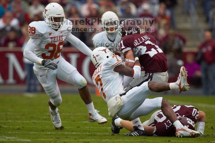 The University of Texas, Austin played Texas A&M in football at Kyle Field, College Station, on November 23, 2007.  UT lost to the Aggies, 30 to 38.

Filename: SRM_20071123_1639087.jpg
Aperture: f/5.6
Shutter Speed: 1/1250
Body: Canon EOS-1D Mark II
Lens: Canon EF 300mm f/2.8 L IS