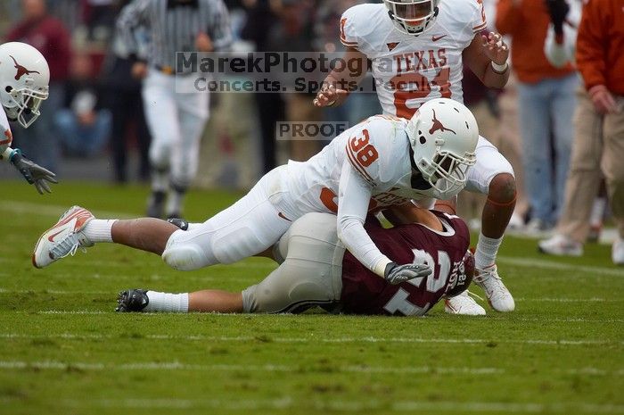 The University of Texas, Austin played Texas A&M in football at Kyle Field, College Station, on November 23, 2007.  UT lost to the Aggies, 30 to 38.

Filename: SRM_20071123_1639240.jpg
Aperture: f/5.6
Shutter Speed: 1/1250
Body: Canon EOS-1D Mark II
Lens: Canon EF 300mm f/2.8 L IS