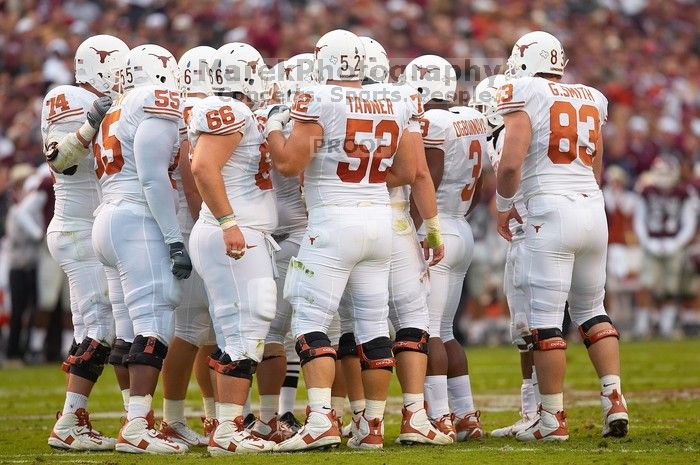 The University of Texas, Austin played Texas A&M in football at Kyle Field, College Station, on November 23, 2007.  UT lost to the Aggies, 30 to 38.

Filename: SRM_20071123_1711568.jpg
Aperture: f/2.8
Shutter Speed: 1/800
Body: Canon EOS-1D Mark II
Lens: Canon EF 300mm f/2.8 L IS