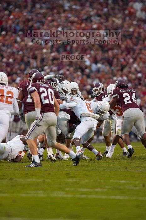 The University of Texas, Austin played Texas A&M in football at Kyle Field, College Station, on November 23, 2007.  UT lost to the Aggies, 30 to 38.

Filename: SRM_20071123_1758565.jpg
Aperture: f/2.8
Shutter Speed: 1/640
Body: Canon EOS-1D Mark II
Lens: Canon EF 300mm f/2.8 L IS