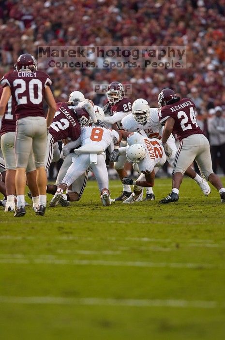 The University of Texas, Austin played Texas A&M in football at Kyle Field, College Station, on November 23, 2007.  UT lost to the Aggies, 30 to 38.

Filename: SRM_20071123_1758587.jpg
Aperture: f/2.8
Shutter Speed: 1/640
Body: Canon EOS-1D Mark II
Lens: Canon EF 300mm f/2.8 L IS