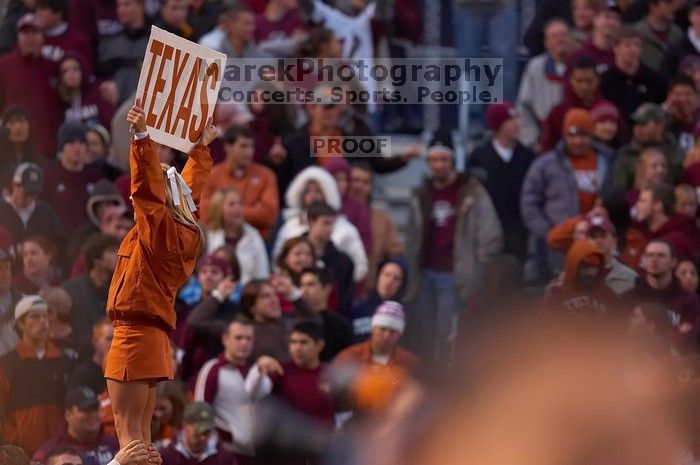 The University of Texas, Austin played Texas A&M in football at Kyle Field, College Station, on November 23, 2007.  UT lost to the Aggies, 30 to 38.

Filename: SRM_20071123_1809485.jpg
Aperture: f/2.8
Shutter Speed: 1/500
Body: Canon EOS-1D Mark II
Lens: Canon EF 300mm f/2.8 L IS