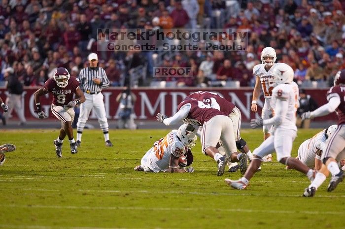 The University of Texas, Austin played Texas A&M in football at Kyle Field, College Station, on November 23, 2007.  UT lost to the Aggies, 30 to 38.

Filename: SRM_20071123_1811044.jpg
Aperture: f/2.8
Shutter Speed: 1/500
Body: Canon EOS-1D Mark II
Lens: Canon EF 300mm f/2.8 L IS