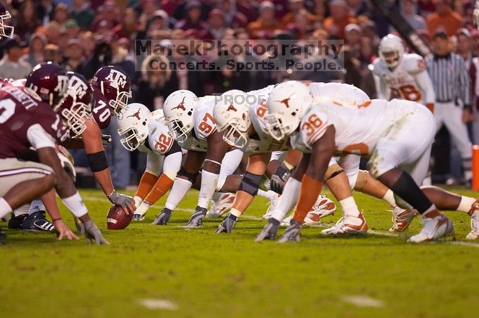 The University of Texas, Austin played Texas A&M in football at Kyle Field, College Station, on November 23, 2007.  UT lost to the Aggies, 30 to 38.

Filename: SRM_20071123_1817167.jpg
Aperture: f/2.8
Shutter Speed: 1/500
Body: Canon EOS-1D Mark II
Lens: Canon EF 300mm f/2.8 L IS