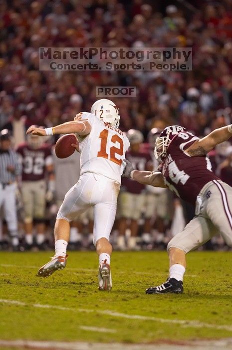 The University of Texas, Austin played Texas A&M in football at Kyle Field, College Station, on November 23, 2007.  UT lost to the Aggies, 30 to 38.

Filename: SRM_20071123_1833568.jpg
Aperture: f/2.8
Shutter Speed: 1/500
Body: Canon EOS-1D Mark II
Lens: Canon EF 300mm f/2.8 L IS