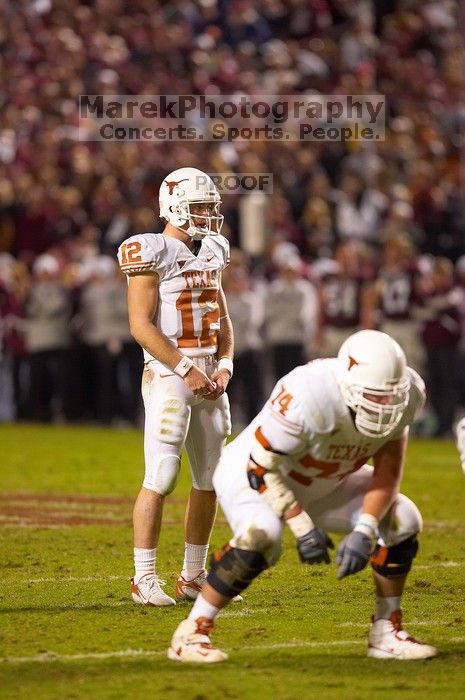 The University of Texas, Austin played Texas A&M in football at Kyle Field, College Station, on November 23, 2007.  UT lost to the Aggies, 30 to 38.

Filename: SRM_20071123_1854405.jpg
Aperture: f/2.8
Shutter Speed: 1/500
Body: Canon EOS-1D Mark II
Lens: Canon EF 300mm f/2.8 L IS