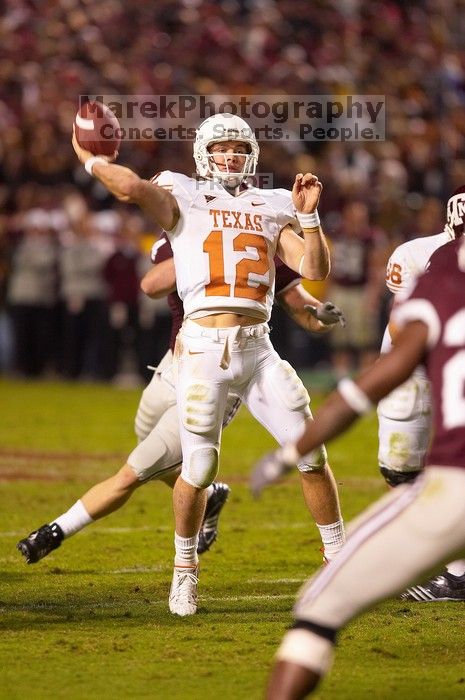 The University of Texas, Austin played Texas A&M in football at Kyle Field, College Station, on November 23, 2007.  UT lost to the Aggies, 30 to 38.

Filename: SRM_20071123_1858467.jpg
Aperture: f/2.8
Shutter Speed: 1/500
Body: Canon EOS-1D Mark II
Lens: Canon EF 300mm f/2.8 L IS