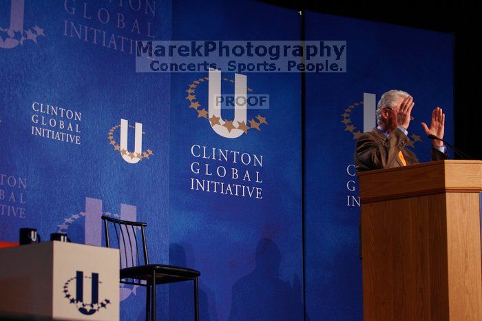 Former President Bill Clinton speaking at the CGIU meeting.  Day one of the 2nd Annual Clinton Global Initiative University (CGIU) meeting was held at The University of Texas at Austin, Friday, February 13, 2009.

Filename: SRM_20090213_16195741.jpg
Aperture: f/4.0
Shutter Speed: 1/125
Body: Canon EOS-1D Mark II
Lens: Canon EF 80-200mm f/2.8 L