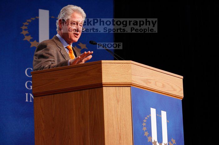 Former President Bill Clinton speaking at the CGIU meeting.  Day one of the 2nd Annual Clinton Global Initiative University (CGIU) meeting was held at The University of Texas at Austin, Friday, February 13, 2009.

Filename: SRM_20090213_16215356.jpg
Aperture: f/4.0
Shutter Speed: 1/100
Body: Canon EOS-1D Mark II
Lens: Canon EF 80-200mm f/2.8 L