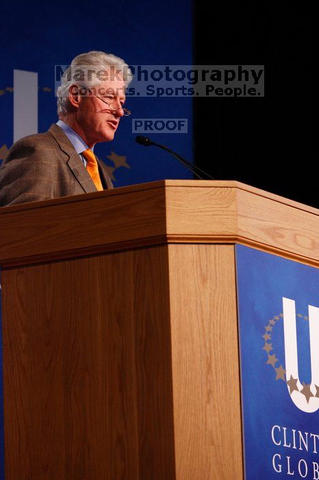 Former President Bill Clinton speaking at the CGIU meeting.  Day one of the 2nd Annual Clinton Global Initiative University (CGIU) meeting was held at The University of Texas at Austin, Friday, February 13, 2009.

Filename: SRM_20090213_16231075.jpg
Aperture: f/4.0
Shutter Speed: 1/125
Body: Canon EOS-1D Mark II
Lens: Canon EF 80-200mm f/2.8 L