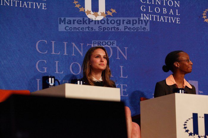 Natalie Portman (L) and Mambidzeni Madzivire (R), BME graduate student at Mayo Graduate School, at the first plenary session of the CGIU meeting.  Day one of the 2nd Annual Clinton Global Initiative University (CGIU) meeting was held at The University of Texas at Austin, Friday, February 13, 2009.

Filename: SRM_20090213_16530912.jpg
Aperture: f/4.0
Shutter Speed: 1/320
Body: Canon EOS-1D Mark II
Lens: Canon EF 80-200mm f/2.8 L