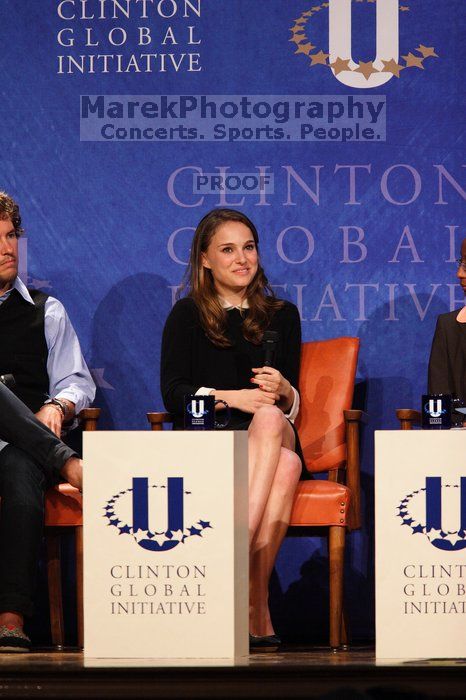 Blake Mycoskie (L), founder of TOMS shoes, and Natalie Portman (R) at the first plenary session of the CGIU meeting.  Day one of the 2nd Annual Clinton Global Initiative University (CGIU) meeting was held at The University of Texas at Austin, Friday, February 13, 2009.

Filename: SRM_20090213_17060138.jpg
Aperture: f/4.0
Shutter Speed: 1/250
Body: Canon EOS 20D
Lens: Canon EF 300mm f/2.8 L IS