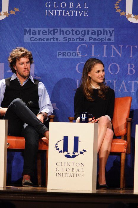 Blake Mycoskie (L), founder of TOMS shoes, and Natalie Portman (R) at the first plenary session of the CGIU meeting.  Day one of the 2nd Annual Clinton Global Initiative University (CGIU) meeting was held at The University of Texas at Austin, Friday, February 13, 2009.

Filename: SRM_20090213_17071850.jpg
Aperture: f/4.0
Shutter Speed: 1/200
Body: Canon EOS 20D
Lens: Canon EF 300mm f/2.8 L IS