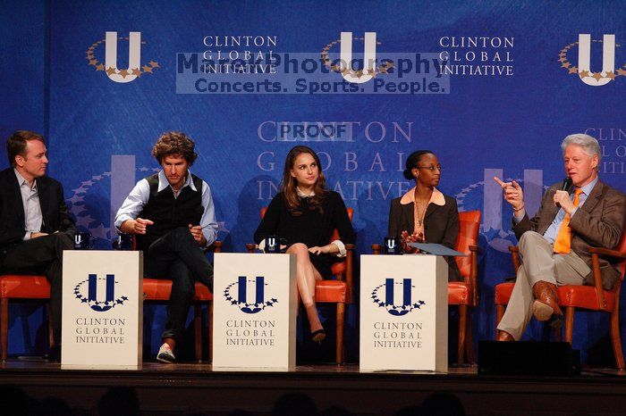 Paul Bell (1-L), president of Dell Global Public, Blake Mycoskie (2-L), founder of TOMS shoes, Natalie Portman (C), Mambidzeni Madzivire (2-R), BME graduate student at Mayo Graduate School, and Former President Bill Clinton (1-R) at the first plenary session of the CGIU meeting.  Day one of the 2nd Annual Clinton Global Initiative University (CGIU) meeting was held at The University of Texas at Austin, Friday, February 13, 2009.

Filename: SRM_20090213_17250316.jpg
Aperture: f/4.0
Shutter Speed: 1/400
Body: Canon EOS-1D Mark II
Lens: Canon EF 300mm f/2.8 L IS