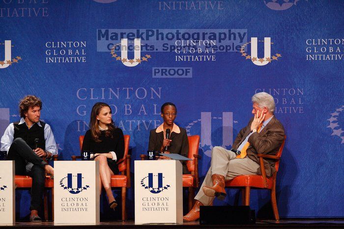 Blake Mycoskie (1-L), founder of TOMS shoes, Natalie Portman (2-L), Mambidzeni Madzivire (2-R), BME graduate student at Mayo Graduate School, and Former President Bill Clinton (1-R) at the first plenary session of the CGIU meeting.  Day one of the 2nd Annual Clinton Global Initiative University (CGIU) meeting was held at The University of Texas at Austin, Friday, February 13, 2009.

Filename: SRM_20090213_17290848.jpg
Aperture: f/4.0
Shutter Speed: 1/320
Body: Canon EOS-1D Mark II
Lens: Canon EF 300mm f/2.8 L IS