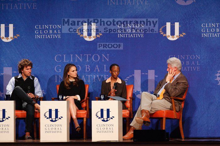 Blake Mycoskie (1-L), founder of TOMS shoes, Natalie Portman (2-L), Mambidzeni Madzivire (2-R), BME graduate student at Mayo Graduate School, and Former President Bill Clinton (1-R) at the first plenary session of the CGIU meeting.  Day one of the 2nd Annual Clinton Global Initiative University (CGIU) meeting was held at The University of Texas at Austin, Friday, February 13, 2009.

Filename: SRM_20090213_17291550.jpg
Aperture: f/5.0
Shutter Speed: 1/200
Body: Canon EOS-1D Mark II
Lens: Canon EF 300mm f/2.8 L IS