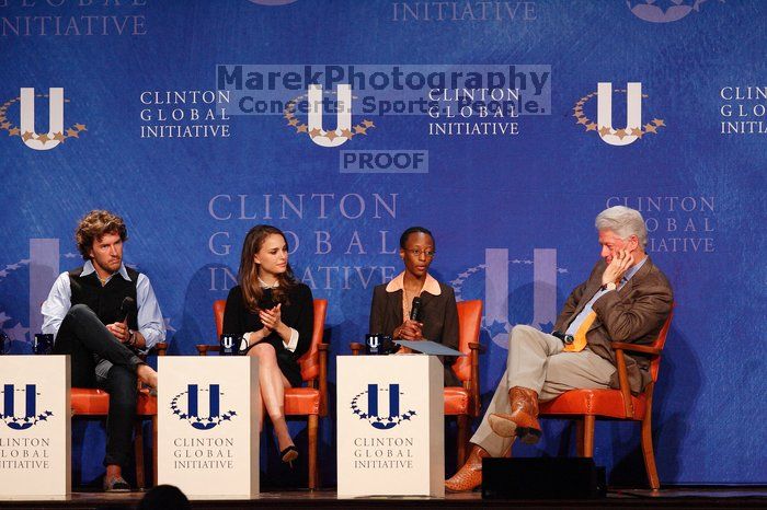 Blake Mycoskie (1-L), founder of TOMS shoes, Natalie Portman (2-L), Mambidzeni Madzivire (2-R), BME graduate student at Mayo Graduate School, and Former President Bill Clinton (1-R) at the first plenary session of the CGIU meeting.  Day one of the 2nd Annual Clinton Global Initiative University (CGIU) meeting was held at The University of Texas at Austin, Friday, February 13, 2009.

Filename: SRM_20090213_17291856.jpg
Aperture: f/5.0
Shutter Speed: 1/200
Body: Canon EOS-1D Mark II
Lens: Canon EF 300mm f/2.8 L IS