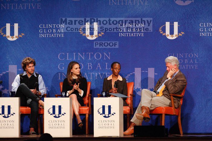 Blake Mycoskie (1-L), founder of TOMS shoes, Natalie Portman (2-L), Mambidzeni Madzivire (2-R), BME graduate student at Mayo Graduate School, and Former President Bill Clinton (1-R) at the first plenary session of the CGIU meeting.  Day one of the 2nd Annual Clinton Global Initiative University (CGIU) meeting was held at The University of Texas at Austin, Friday, February 13, 2009.

Filename: SRM_20090213_17291857.jpg
Aperture: f/5.0
Shutter Speed: 1/200
Body: Canon EOS-1D Mark II
Lens: Canon EF 300mm f/2.8 L IS