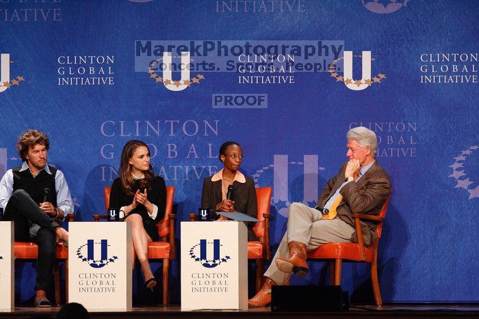 Blake Mycoskie (1-L), founder of TOMS shoes, Natalie Portman (2-L), Mambidzeni Madzivire (2-R), BME graduate student at Mayo Graduate School, and Former President Bill Clinton (1-R) at the first plenary session of the CGIU meeting.  Day one of the 2nd Annual Clinton Global Initiative University (CGIU) meeting was held at The University of Texas at Austin, Friday, February 13, 2009.

Filename: SRM_20090213_17291958.jpg
Aperture: f/5.0
Shutter Speed: 1/200
Body: Canon EOS-1D Mark II
Lens: Canon EF 300mm f/2.8 L IS