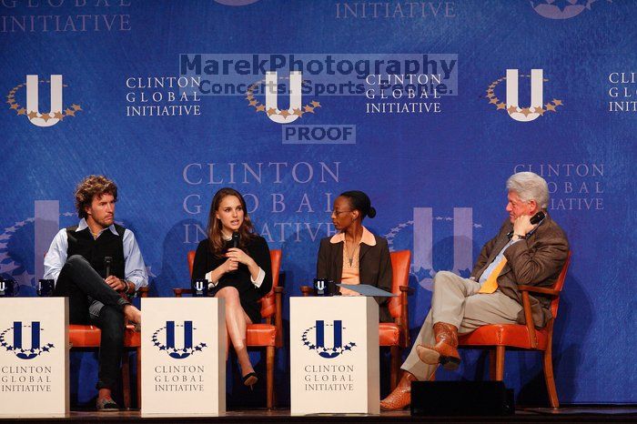 Blake Mycoskie (1-L), founder of TOMS shoes, Natalie Portman (2-L), Mambidzeni Madzivire (2-R), BME graduate student at Mayo Graduate School, and Former President Bill Clinton (1-R) at the first plenary session of the CGIU meeting.  Day one of the 2nd Annual Clinton Global Initiative University (CGIU) meeting was held at The University of Texas at Austin, Friday, February 13, 2009.

Filename: SRM_20090213_17294264.jpg
Aperture: f/5.0
Shutter Speed: 1/250
Body: Canon EOS-1D Mark II
Lens: Canon EF 300mm f/2.8 L IS