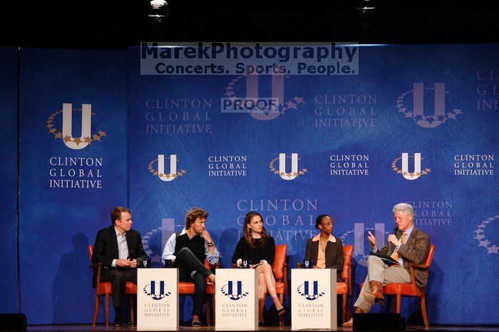 Paul Bell (1-L), president of Dell Global Public, Blake Mycoskie (2-L), founder of TOMS shoes, Natalie Portman (C), Mambidzeni Madzivire (2-R), BME graduate student at Mayo Graduate School, and Former President Bill Clinton (1-R) at the first plenary session of the CGIU meeting.  Day one of the 2nd Annual Clinton Global Initiative University (CGIU) meeting was held at The University of Texas at Austin, Friday, February 13, 2009.

Filename: SRM_20090213_17413900.jpg
Aperture: f/4.0
Shutter Speed: 1/200
Body: Canon EOS-1D Mark II
Lens: Canon EF 80-200mm f/2.8 L