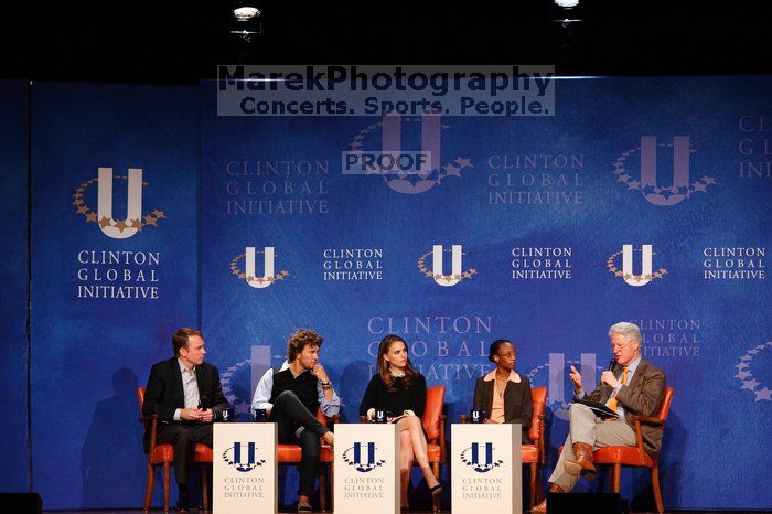 Paul Bell (1-L), president of Dell Global Public, Blake Mycoskie (2-L), founder of TOMS shoes, Natalie Portman (C), Mambidzeni Madzivire (2-R), BME graduate student at Mayo Graduate School, and Former President Bill Clinton (1-R) at the first plenary session of the CGIU meeting.  Day one of the 2nd Annual Clinton Global Initiative University (CGIU) meeting was held at The University of Texas at Austin, Friday, February 13, 2009.

Filename: SRM_20090213_17413999.jpg
Aperture: f/4.0
Shutter Speed: 1/200
Body: Canon EOS-1D Mark II
Lens: Canon EF 80-200mm f/2.8 L