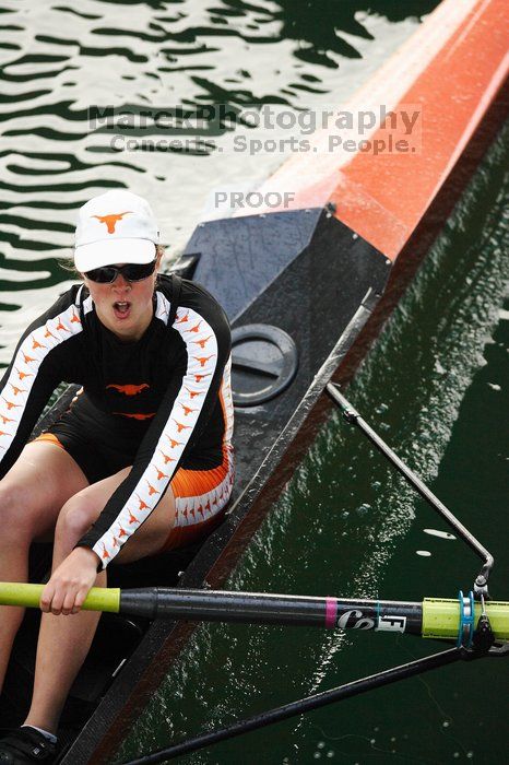 The Texas Rowing first varsity eight team, with coxswain Mary Cait McPherson, stroke Jen VanderMaarel, Felicia Izaguirre-Werner, Meg George, Nancy Arrington, Jelena Zunic, Karli Sheahan, Colleen Irby and Sara Cottingham, finished with a time of 6:44.7, defeating Duke which completed the race in 6:49.9. This was the second session of the Longhorn Invitational, Saturday morning, March 21, 2009 on Lady Bird Lake.  They later won one more race against UCF on Sunday.

Filename: SRM_20090321_08402364.jpg
Aperture: f/2.8
Shutter Speed: 1/2000
Body: Canon EOS-1D Mark II
Lens: Canon EF 300mm f/2.8 L IS