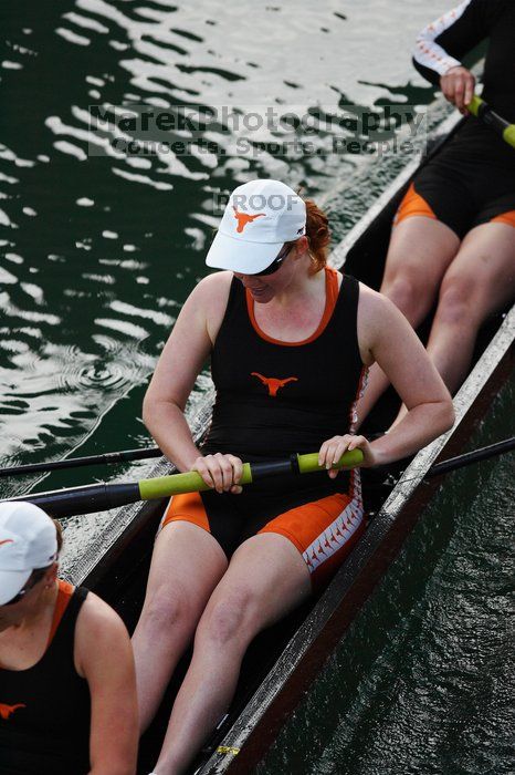 The Texas Rowing first varsity eight team, with coxswain Mary Cait McPherson, stroke Jen VanderMaarel, Felicia Izaguirre-Werner, Meg George, Nancy Arrington, Jelena Zunic, Karli Sheahan, Colleen Irby and Sara Cottingham, finished with a time of 6:44.7, defeating Duke which completed the race in 6:49.9. This was the second session of the Longhorn Invitational, Saturday morning, March 21, 2009 on Lady Bird Lake.  They later won one more race against UCF on Sunday.

Filename: SRM_20090321_08402366.jpg
Aperture: f/2.8
Shutter Speed: 1/2000
Body: Canon EOS-1D Mark II
Lens: Canon EF 300mm f/2.8 L IS