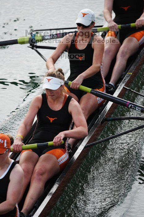 The Texas Rowing first varsity eight team, with coxswain Mary Cait McPherson, stroke Jen VanderMaarel, Felicia Izaguirre-Werner, Meg George, Nancy Arrington, Jelena Zunic, Karli Sheahan, Colleen Irby and Sara Cottingham, finished with a time of 6:44.7, defeating Duke which completed the race in 6:49.9. This was the second session of the Longhorn Invitational, Saturday morning, March 21, 2009 on Lady Bird Lake.  They later won one more race against UCF on Sunday.

Filename: SRM_20090321_08402574.jpg
Aperture: f/2.8
Shutter Speed: 1/2000
Body: Canon EOS-1D Mark II
Lens: Canon EF 300mm f/2.8 L IS