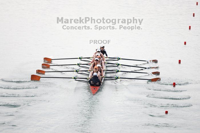 The Texas Rowing first varsity eight team, with coxswain Mary Cait McPherson, stroke Jen VanderMaarel, Felicia Izaguirre-Werner, Meg George, Nancy Arrington, Jelena Zunic, Karli Sheahan, Colleen Irby and Sara Cottingham, finished with a time of 6:44.7, defeating Duke which completed the race in 6:49.9. This was the second session of the Longhorn Invitational, Saturday morning, March 21, 2009 on Lady Bird Lake.  They later won one more race against UCF on Sunday.

Filename: SRM_20090321_08403985.jpg
Aperture: f/2.8
Shutter Speed: 1/2000
Body: Canon EOS-1D Mark II
Lens: Canon EF 300mm f/2.8 L IS