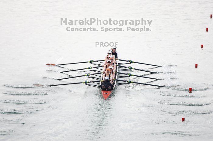 The Texas Rowing first varsity eight team, with coxswain Mary Cait McPherson, stroke Jen VanderMaarel, Felicia Izaguirre-Werner, Meg George, Nancy Arrington, Jelena Zunic, Karli Sheahan, Colleen Irby and Sara Cottingham, finished with a time of 6:44.7, defeating Duke which completed the race in 6:49.9. This was the second session of the Longhorn Invitational, Saturday morning, March 21, 2009 on Lady Bird Lake.  They later won one more race against UCF on Sunday.

Filename: SRM_20090321_08403986.jpg
Aperture: f/2.8
Shutter Speed: 1/2000
Body: Canon EOS-1D Mark II
Lens: Canon EF 300mm f/2.8 L IS