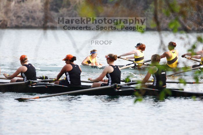 The Texas Rowing second novice eight team, with coxswain Emma Dirks, Sharon Dietz, Lucia Babar, Kait Postle, Ashley Hiatt, Andrea Janowski, Madonna Bregon, Daryn Ofczarzak and Dani Mohling, finished with a time of 7:34.5, defeating Iowa which completed the race in 7:35.6. This was the second session of the Longhorn Invitational, Saturday morning, March 21, 2009 on Lady Bird Lake.  They won a total of three races over the weekend.

Filename: SRM_20090321_09350742.jpg
Aperture: f/4.0
Shutter Speed: 1/1250
Body: Canon EOS-1D Mark II
Lens: Canon EF 300mm f/2.8 L IS