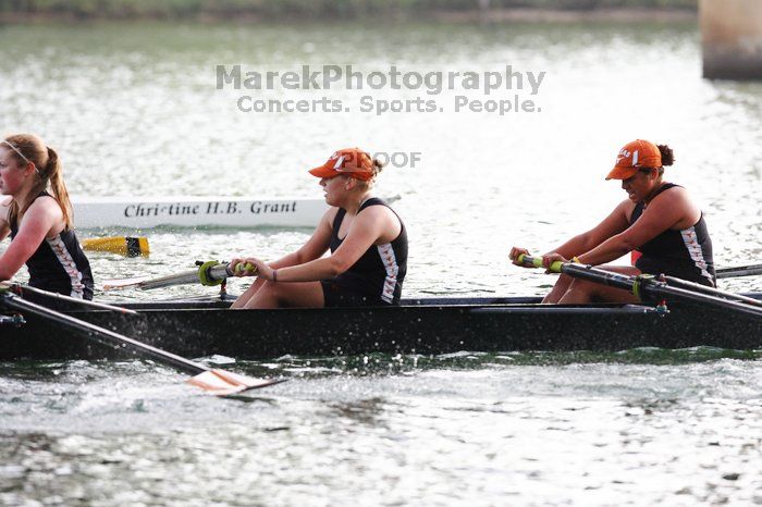 The Texas Rowing second novice eight team, with coxswain Emma Dirks, Sharon Dietz, Lucia Babar, Kait Postle, Ashley Hiatt, Andrea Janowski, Madonna Bregon, Daryn Ofczarzak and Dani Mohling, finished with a time of 7:34.5, defeating Iowa which completed the race in 7:35.6. This was the second session of the Longhorn Invitational, Saturday morning, March 21, 2009 on Lady Bird Lake.  They won a total of three races over the weekend.

Filename: SRM_20090321_09351761.jpg
Aperture: f/4.0
Shutter Speed: 1/1250
Body: Canon EOS-1D Mark II
Lens: Canon EF 300mm f/2.8 L IS