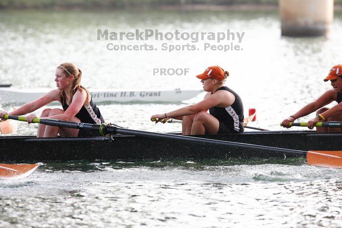 The Texas Rowing second novice eight team, with coxswain Emma Dirks, Sharon Dietz, Lucia Babar, Kait Postle, Ashley Hiatt, Andrea Janowski, Madonna Bregon, Daryn Ofczarzak and Dani Mohling, finished with a time of 7:34.5, defeating Iowa which completed the race in 7:35.6. This was the second session of the Longhorn Invitational, Saturday morning, March 21, 2009 on Lady Bird Lake.  They won a total of three races over the weekend.

Filename: SRM_20090321_09351863.jpg
Aperture: f/4.0
Shutter Speed: 1/1250
Body: Canon EOS-1D Mark II
Lens: Canon EF 300mm f/2.8 L IS