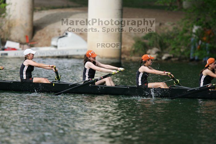 The Texas Rowing first novice eight team finished with a time of 7:51.3, losing to Wisconsin, which completed the race in 7:39.4. This was the third session of the Longhorn Invitational, Saturday afternoon, March 21, 2009 on Lady Bird Lake.

Filename: SRM_20090321_16164762.jpg
Aperture: f/4.0
Shutter Speed: 1/2000
Body: Canon EOS-1D Mark II
Lens: Canon EF 300mm f/2.8 L IS