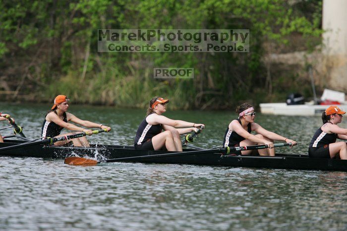 The Texas Rowing first novice eight team finished with a time of 7:51.3, losing to Wisconsin, which completed the race in 7:39.4. This was the third session of the Longhorn Invitational, Saturday afternoon, March 21, 2009 on Lady Bird Lake.

Filename: SRM_20090321_16164963.jpg
Aperture: f/4.0
Shutter Speed: 1/2000
Body: Canon EOS-1D Mark II
Lens: Canon EF 300mm f/2.8 L IS