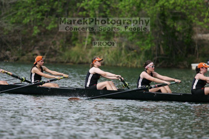 The Texas Rowing first novice eight team finished with a time of 7:51.3, losing to Wisconsin, which completed the race in 7:39.4. This was the third session of the Longhorn Invitational, Saturday afternoon, March 21, 2009 on Lady Bird Lake.

Filename: SRM_20090321_16165065.jpg
Aperture: f/4.0
Shutter Speed: 1/2000
Body: Canon EOS-1D Mark II
Lens: Canon EF 300mm f/2.8 L IS