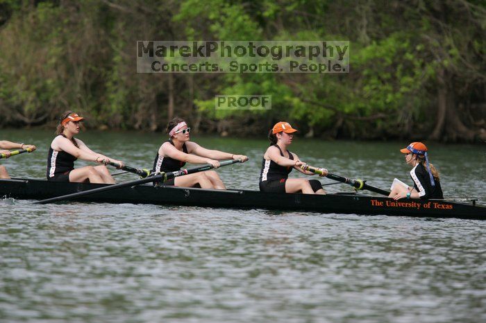 The Texas Rowing first novice eight team finished with a time of 7:51.3, losing to Wisconsin, which completed the race in 7:39.4. This was the third session of the Longhorn Invitational, Saturday afternoon, March 21, 2009 on Lady Bird Lake.

Filename: SRM_20090321_16165367.jpg
Aperture: f/4.0
Shutter Speed: 1/2500
Body: Canon EOS-1D Mark II
Lens: Canon EF 300mm f/2.8 L IS