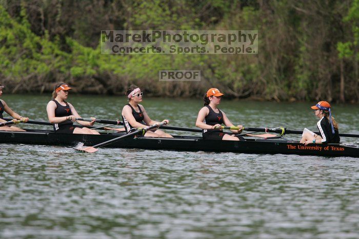 The Texas Rowing first novice eight team finished with a time of 7:51.3, losing to Wisconsin, which completed the race in 7:39.4. This was the third session of the Longhorn Invitational, Saturday afternoon, March 21, 2009 on Lady Bird Lake.

Filename: SRM_20090321_16165468.jpg
Aperture: f/4.0
Shutter Speed: 1/2000
Body: Canon EOS-1D Mark II
Lens: Canon EF 300mm f/2.8 L IS