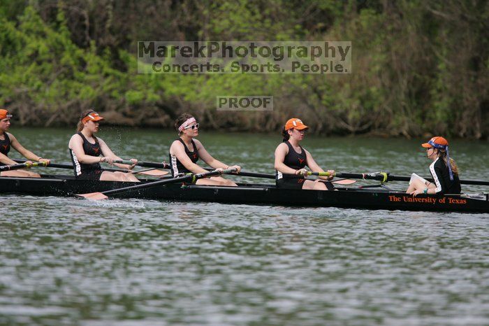 The Texas Rowing first novice eight team finished with a time of 7:51.3, losing to Wisconsin, which completed the race in 7:39.4. This was the third session of the Longhorn Invitational, Saturday afternoon, March 21, 2009 on Lady Bird Lake.

Filename: SRM_20090321_16165469.jpg
Aperture: f/4.0
Shutter Speed: 1/2500
Body: Canon EOS-1D Mark II
Lens: Canon EF 300mm f/2.8 L IS